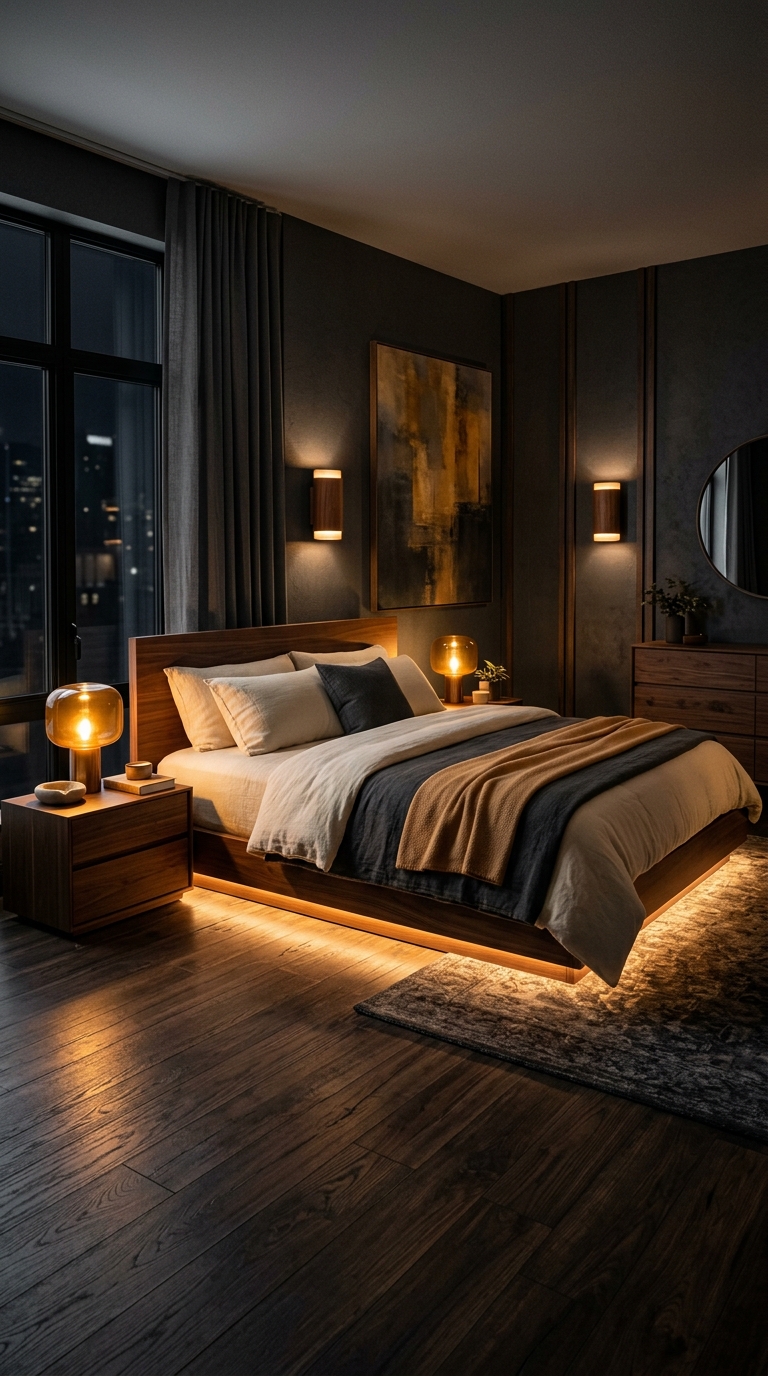 Modern bedroom with warm LED lighting glowing beneath the bed