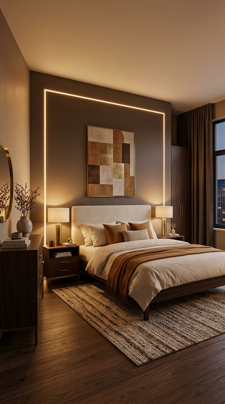 Warm LED wall outline creating a glowing bedroom focal point
