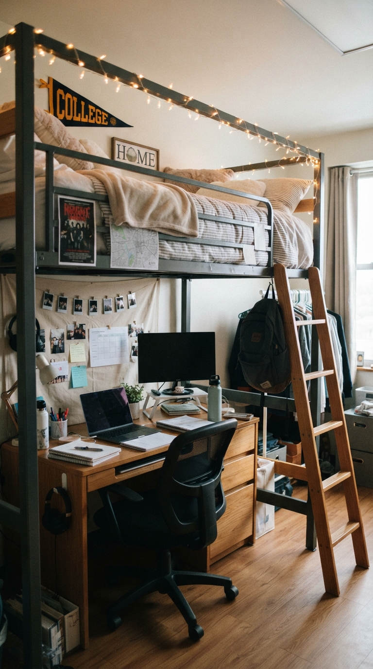 Lofted dorm bed with desk workspace underneath to maximize floor space