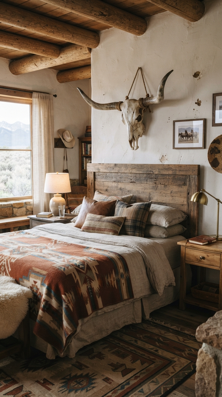 Longhorn skull wall art as a focal point in a Western room