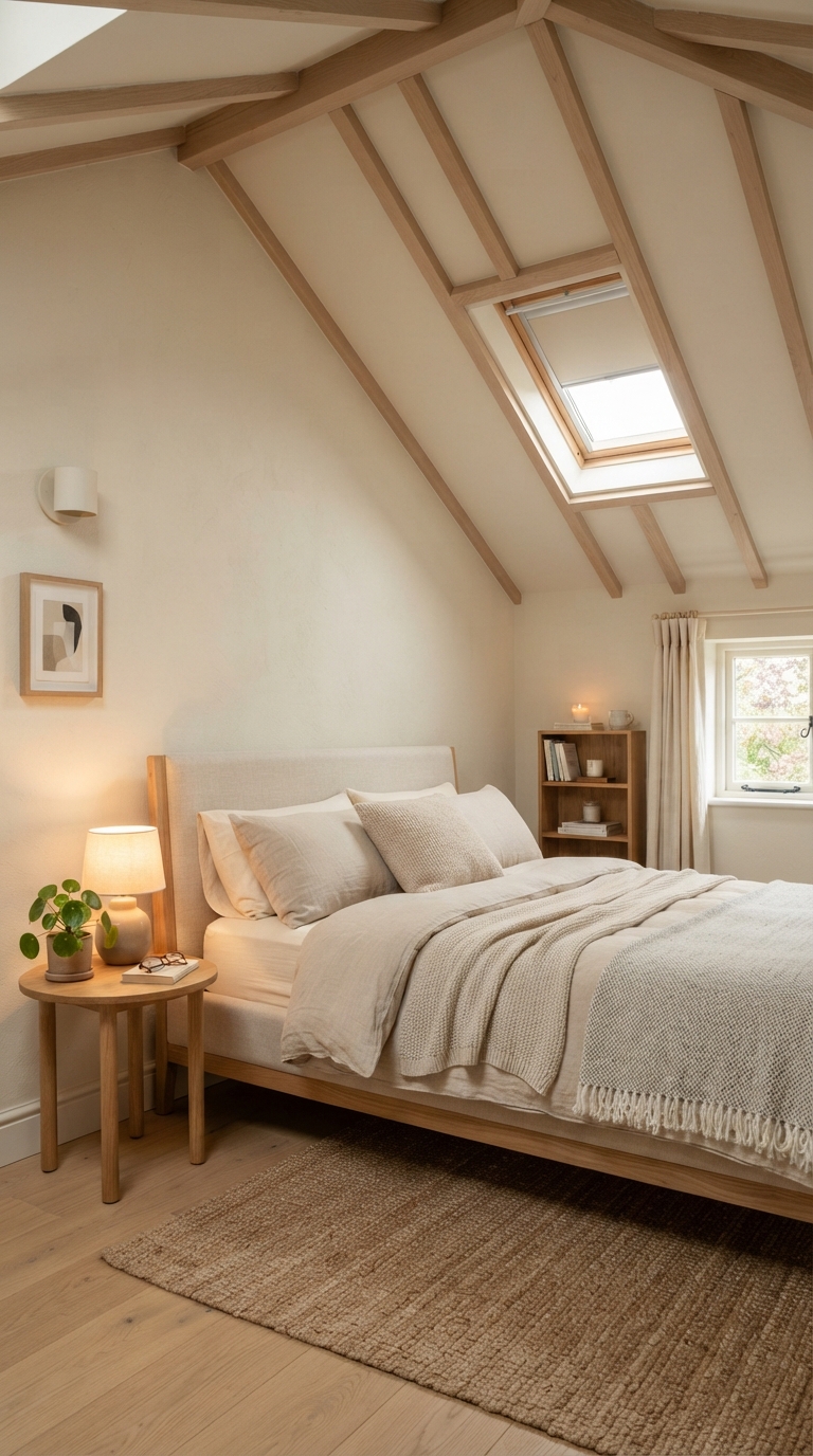 Collage of slim wood beams on a low-pitch small vaulted ceiling