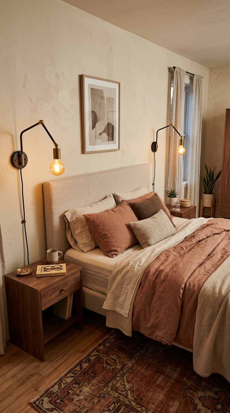 Plug-in wall sconces providing warm bedroom lighting for renters