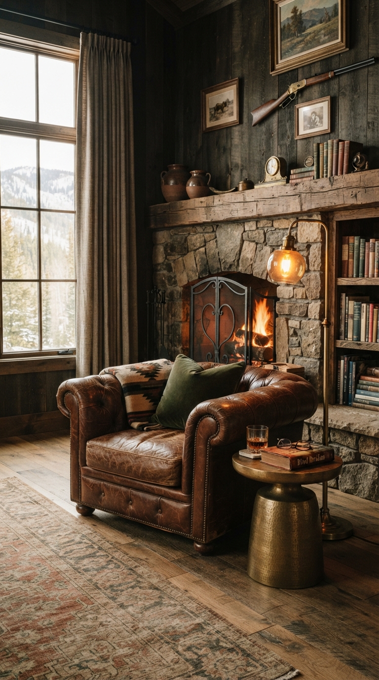 Luxe Western-style living room corner with leather seating and brass accents