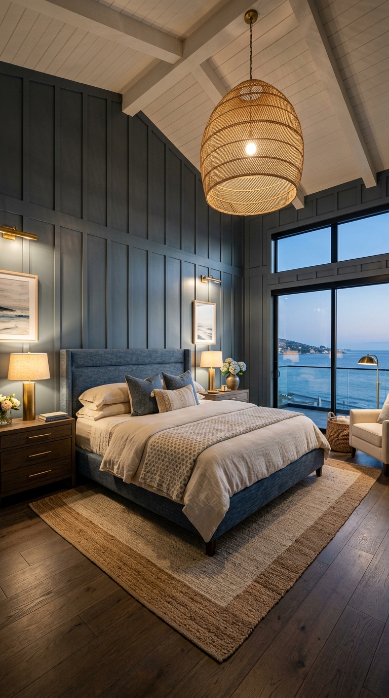 Luxury coastal blue bedroom with custom paneling