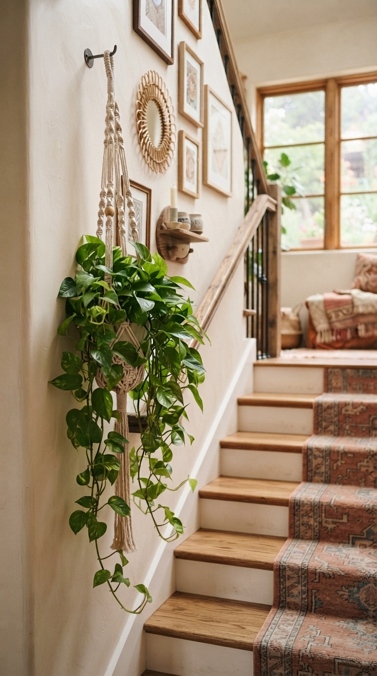 Trailing plant in a macrame hanger styled along a staircase wall.