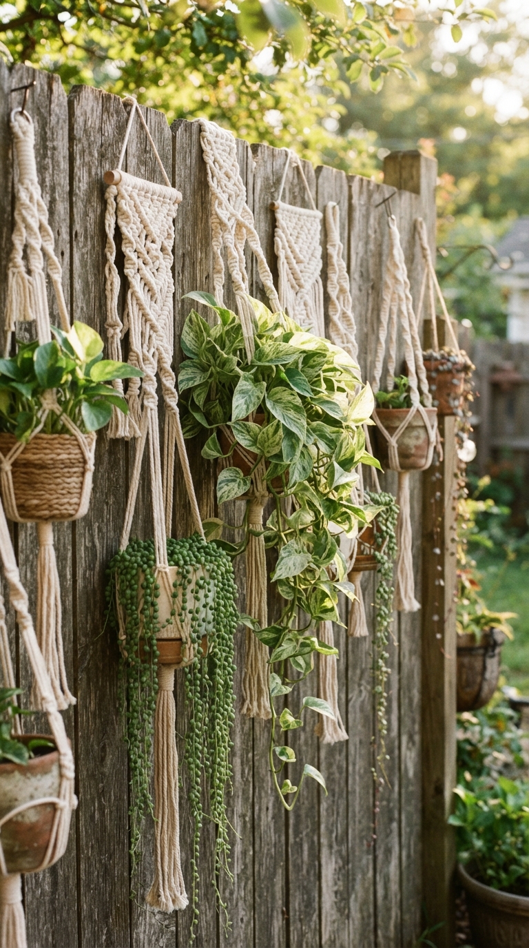 Macrame plant hanger wall with trailing greenery on a wooden fence in a bohemian garden