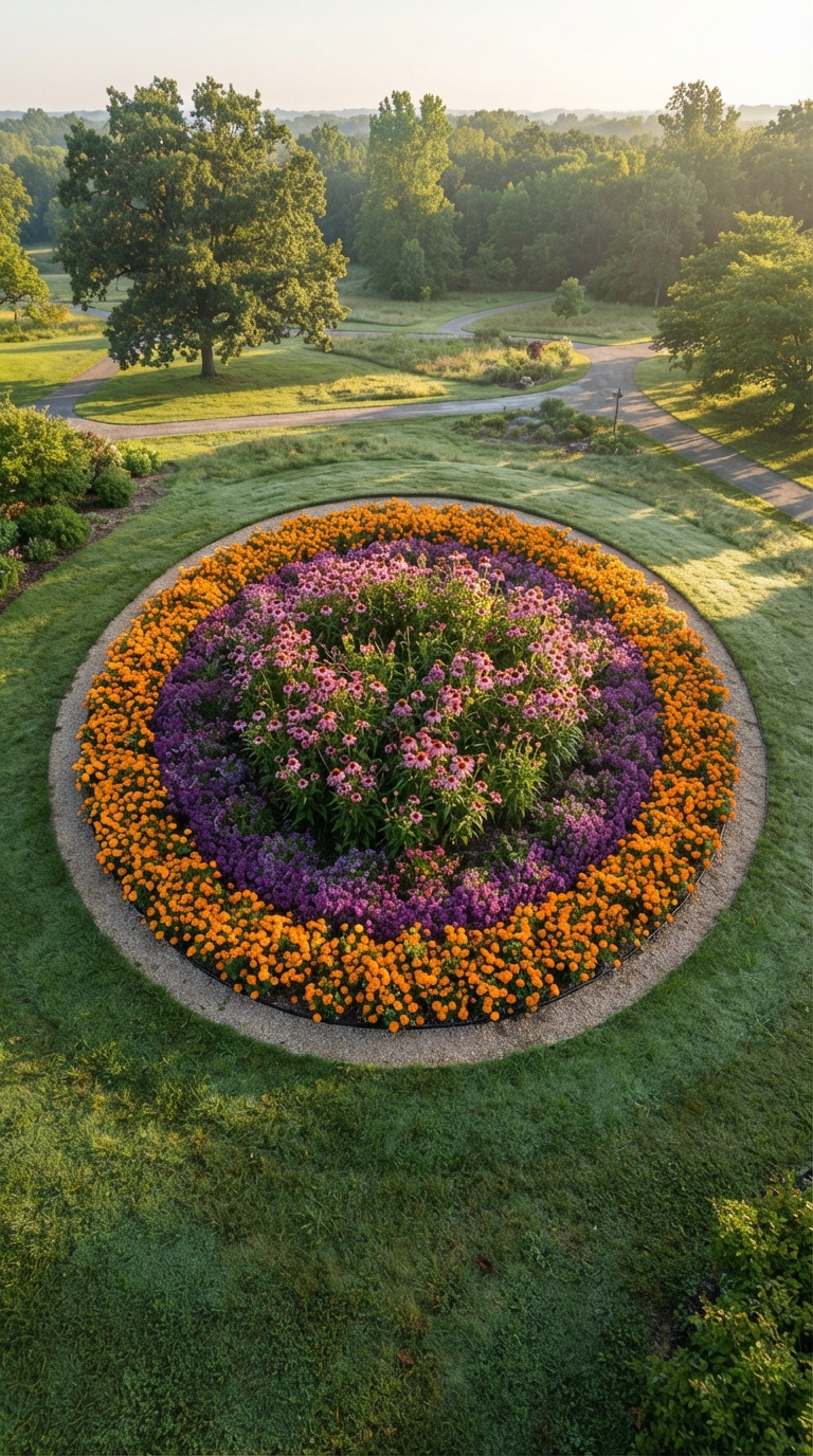 Mandala-shaped flower bed with concentric rings of colorful blooms in a whimsical hippie garden