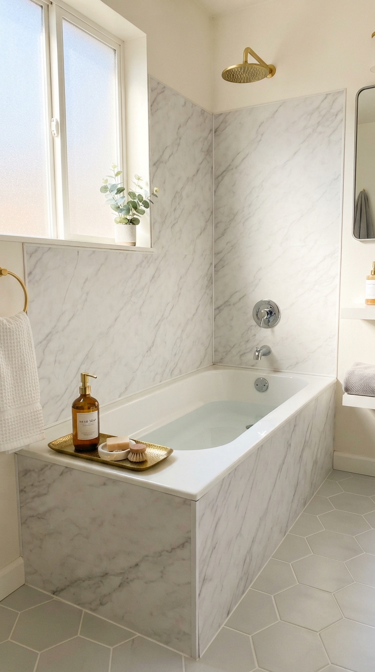 Marble-look peel-and-stick bathtub surround for renter-friendly decor