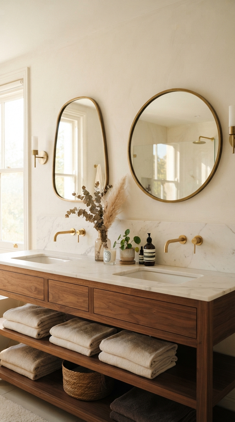 Matching frame finish on intentionally mismatched double bathroom mirrors