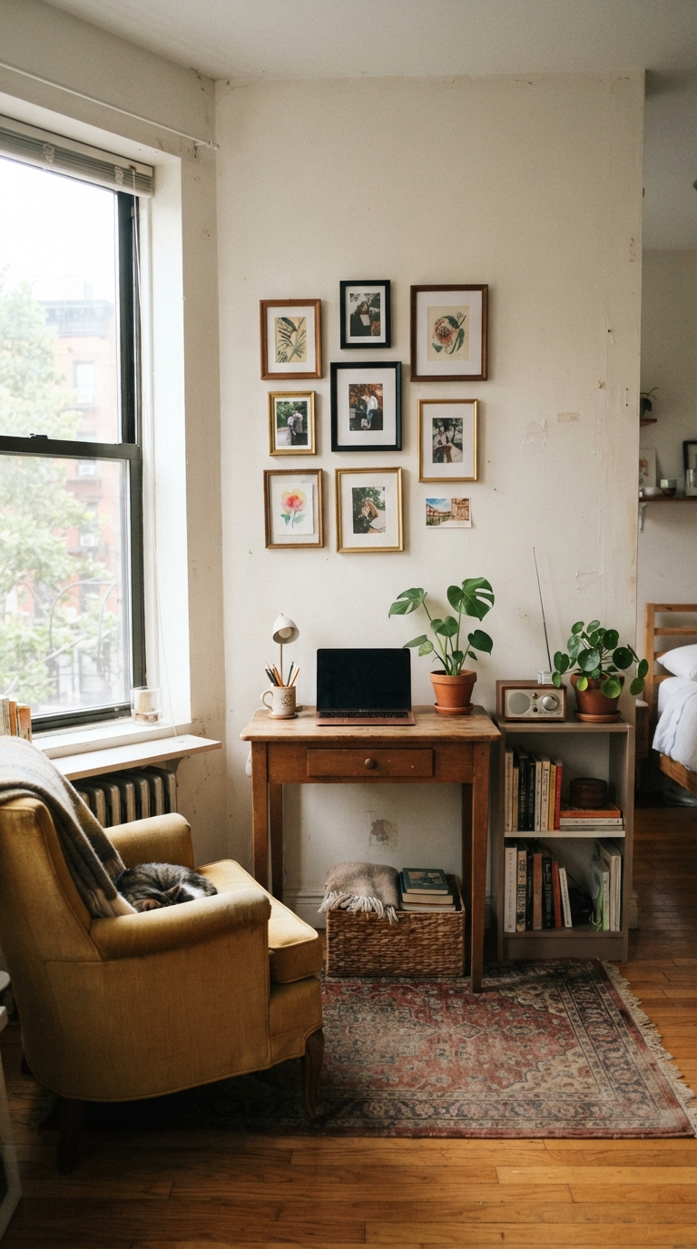 Small apartment micro-corner gallery wall with a few frames
