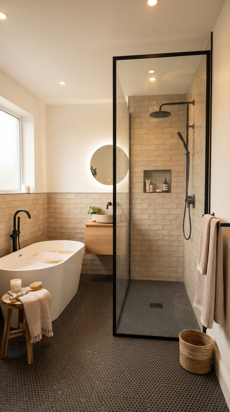 Mid-range wetroom conversion with soaking tub and glass panel