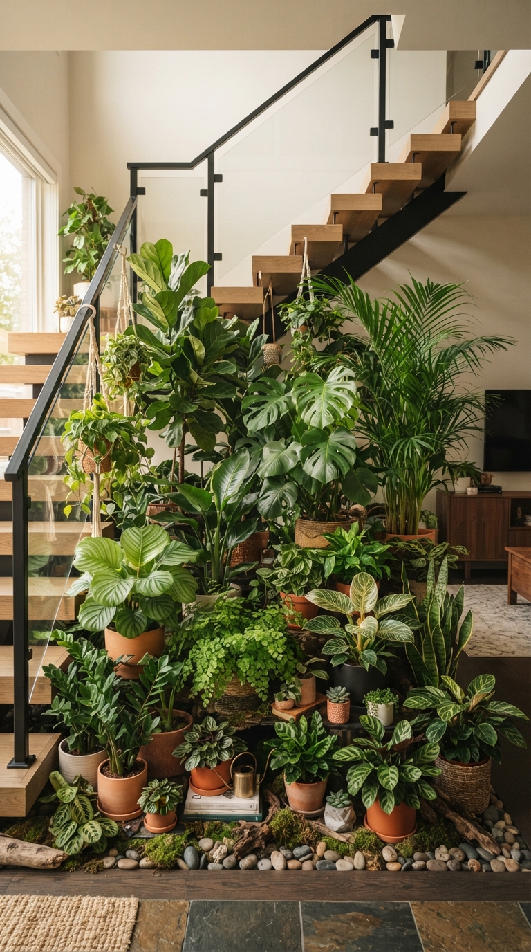 Mini indoor jungle styled with layered greenery under a staircase