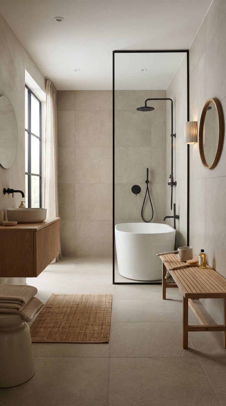 Minimalist Japandi-style soaking tub and shower combo
