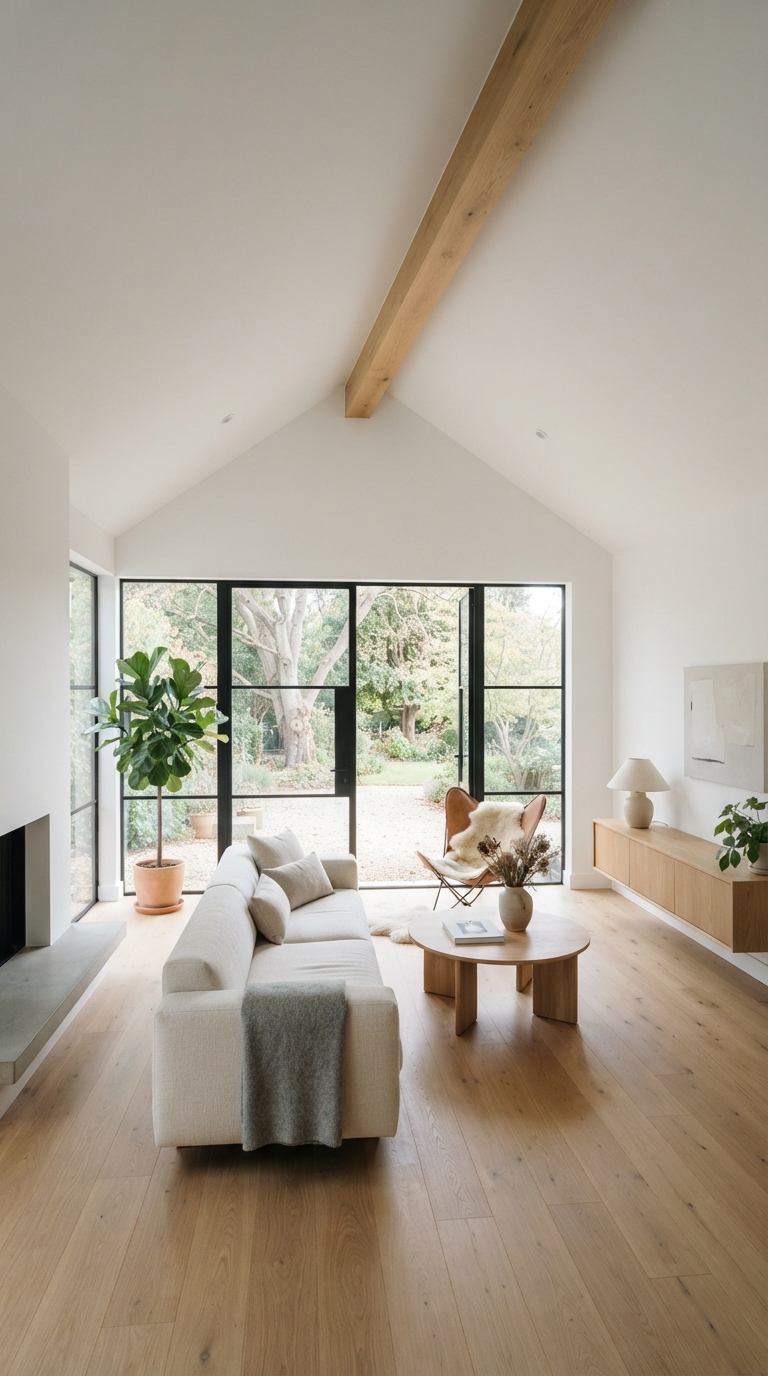 Collage of a single wood ridge beam on a modern vaulted ceiling