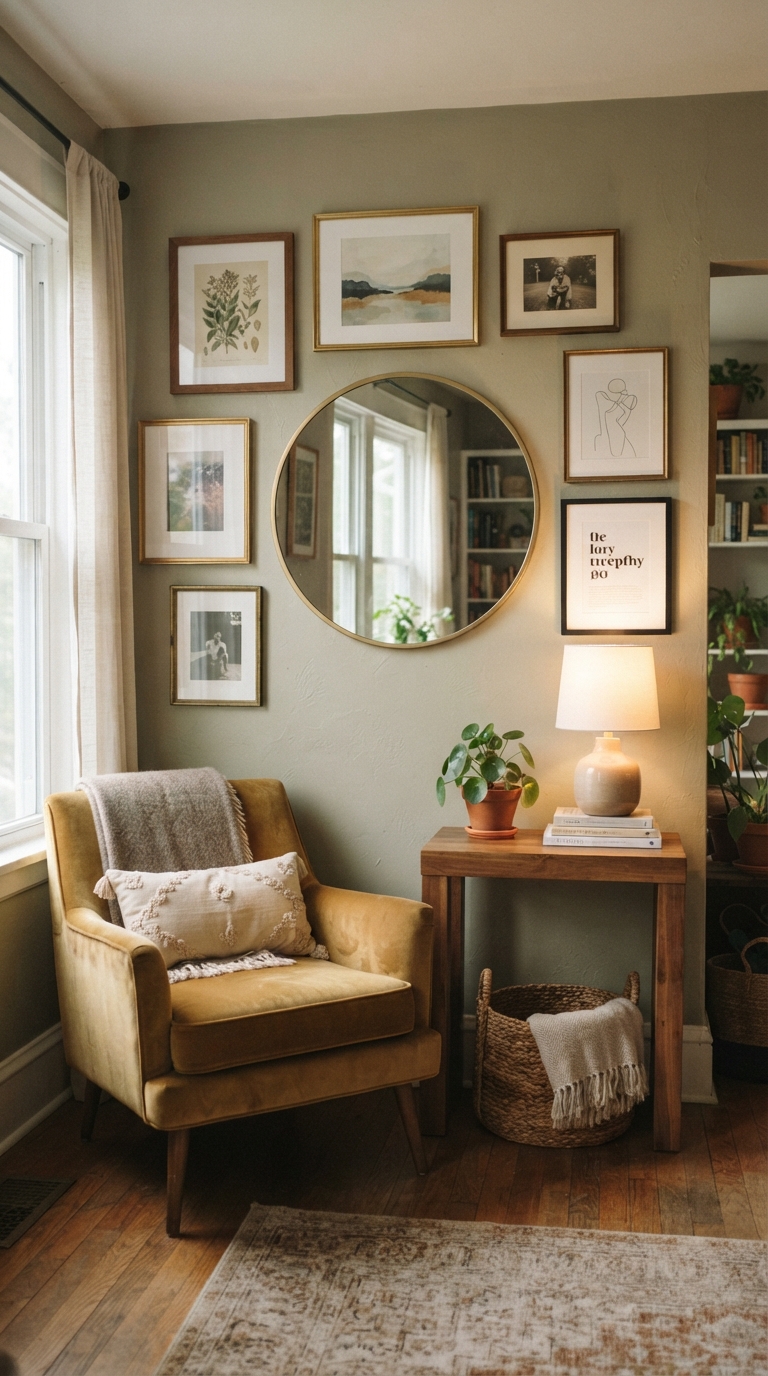 Corner gallery wall with a round mirror accent among framed prints