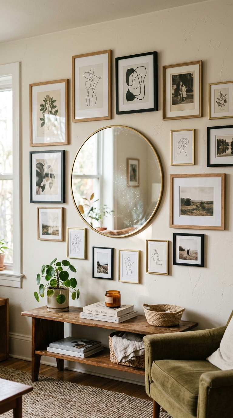 Gallery wall combining a round mirror with framed art prints