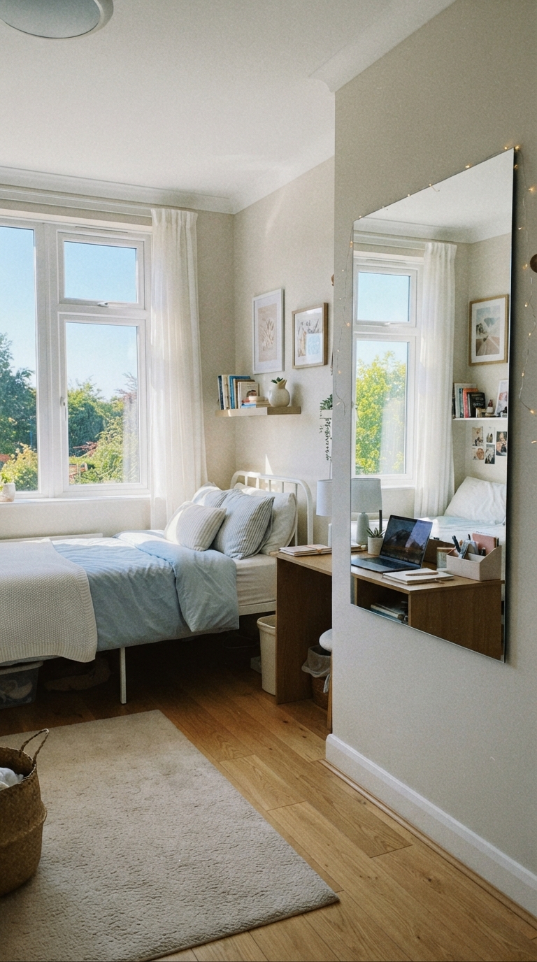 Mirror placed opposite a window to reflect light into a small dorm room