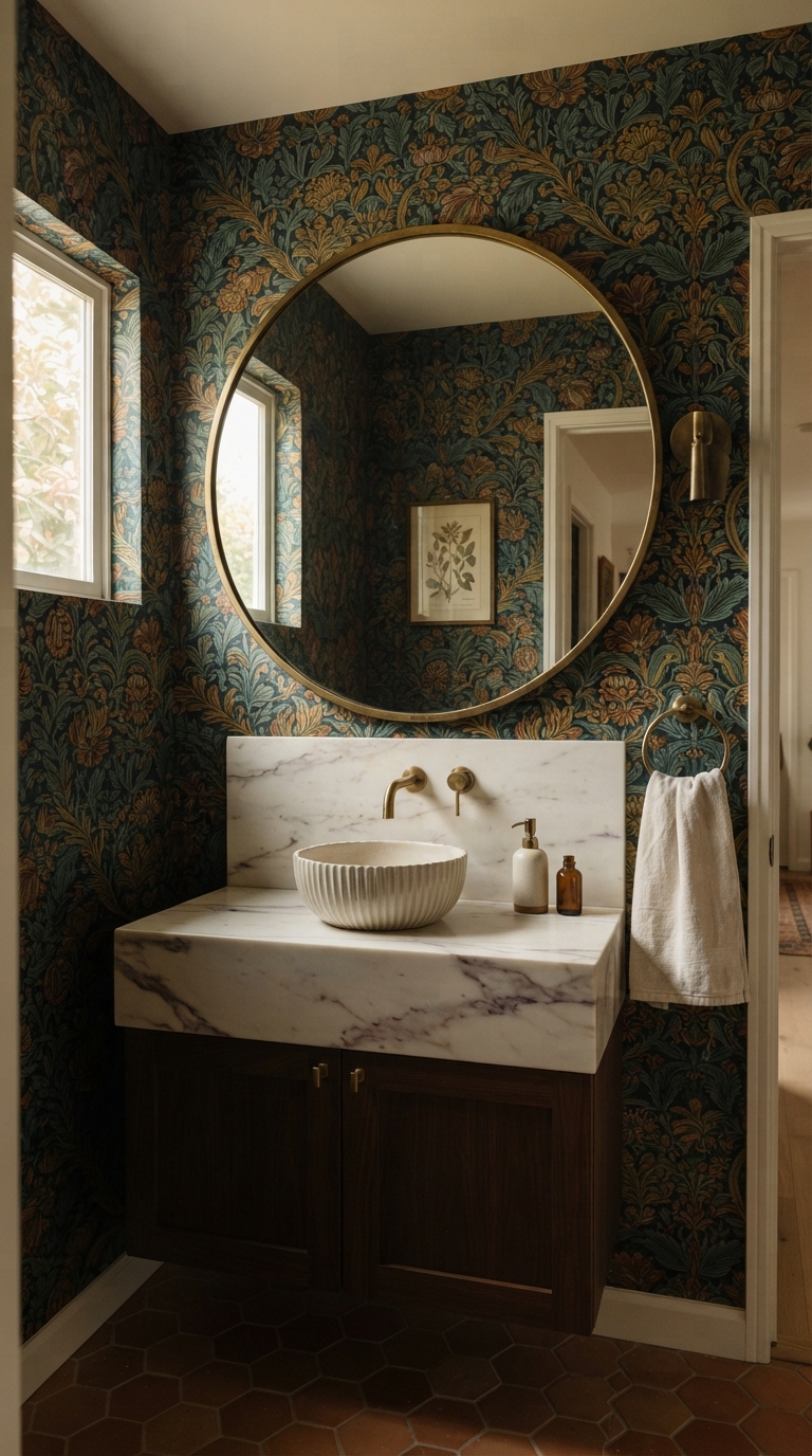 Mirror and bold wallpaper pairing styled in a small powder room