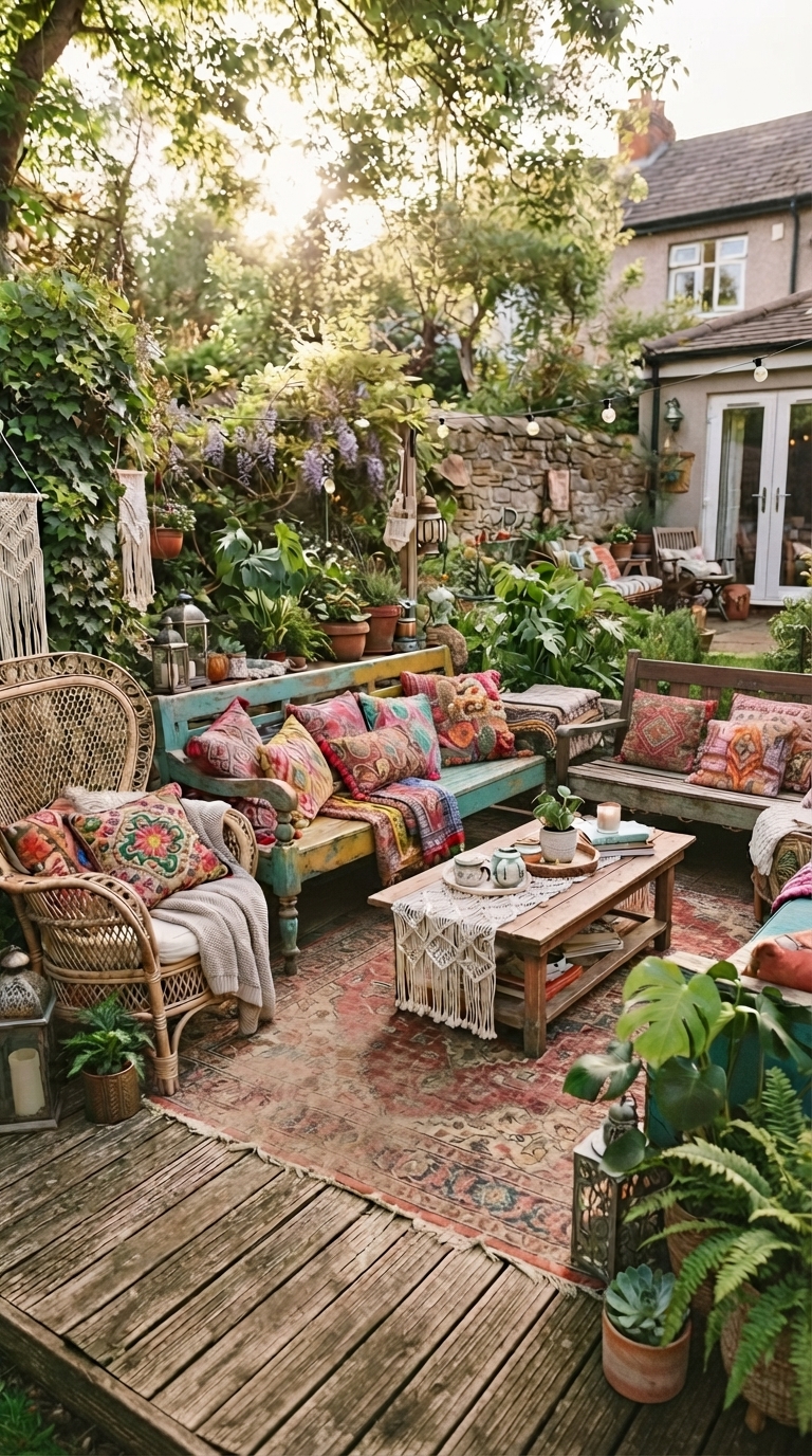 Mismatched vintage furniture seating area with boho cushions in a whimsical garden