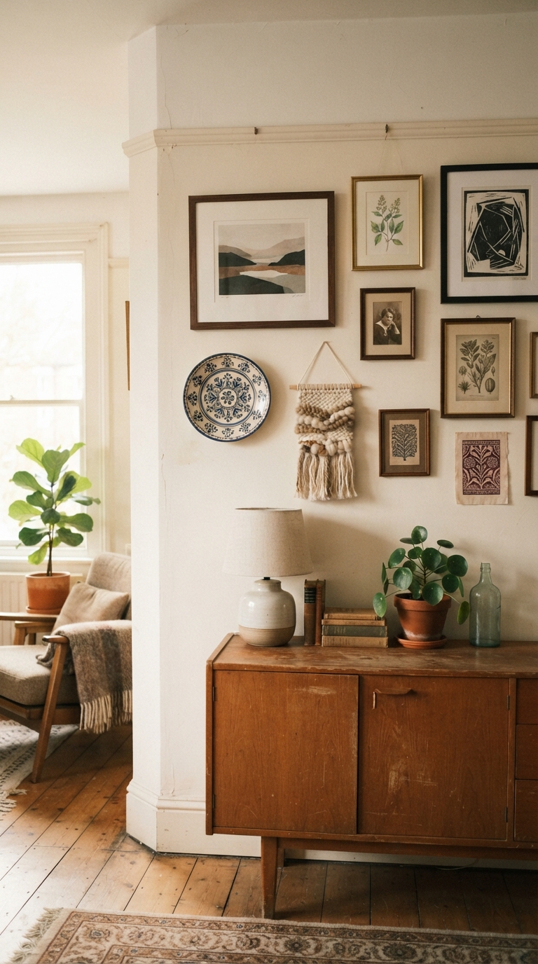 Mixed-media corner gallery wall with plates, textiles, and prints