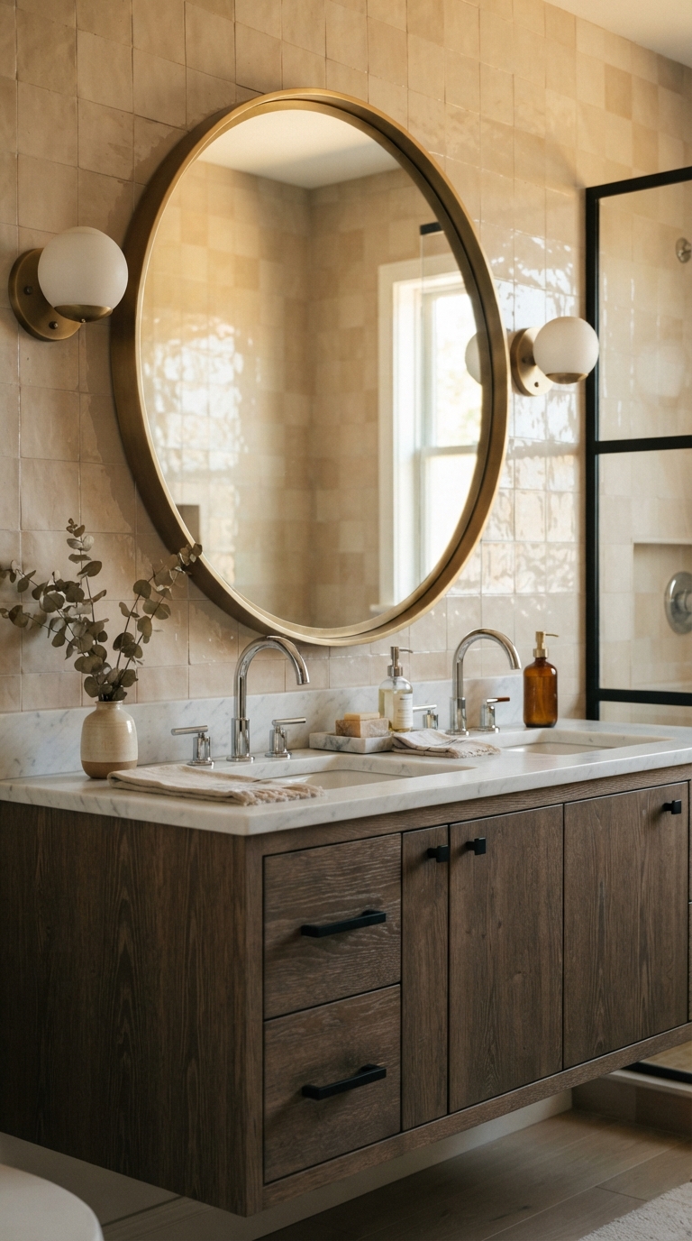 Mixed metal bathroom mirror and sconce pairing with brass and chrome finishes