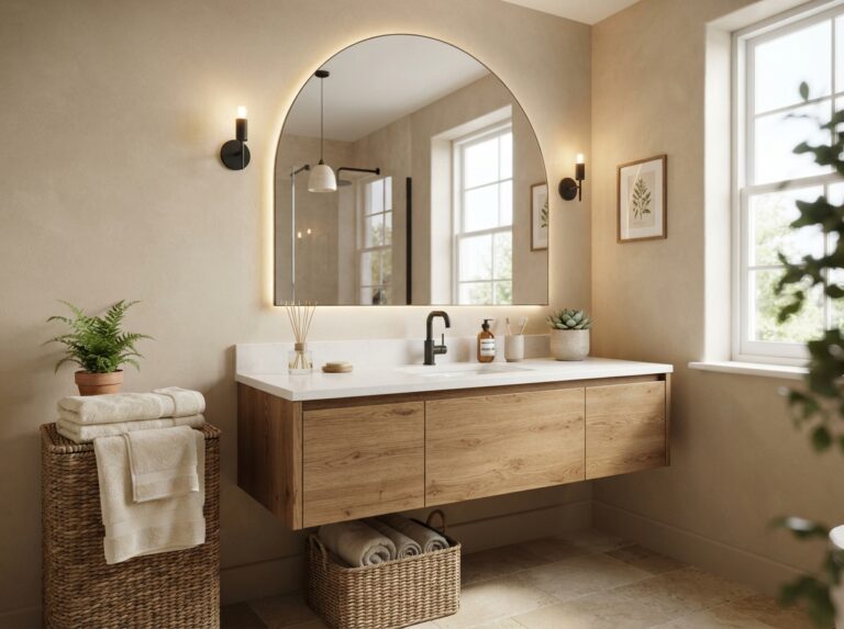 Modern bathroom featuring a stylish statement mirror, floating vanity, and elegant interior design inspiration