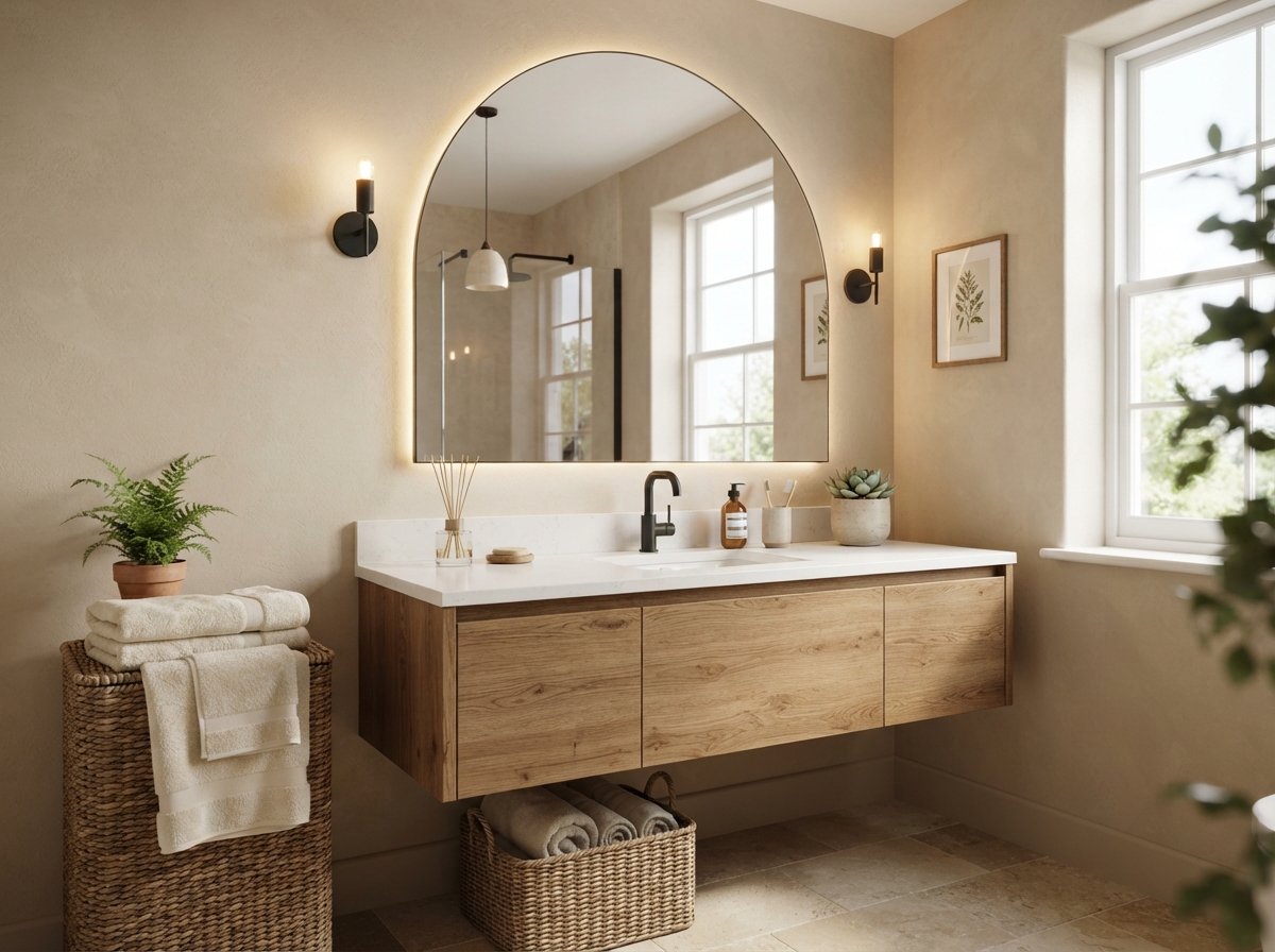 Modern bathroom featuring a stylish statement mirror, floating vanity, and elegant interior design inspiration