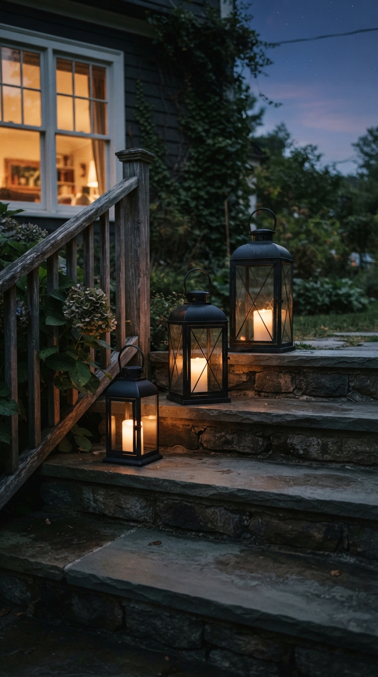 Three black lanterns with flameless candles lining modern fall porch steps at dusk
