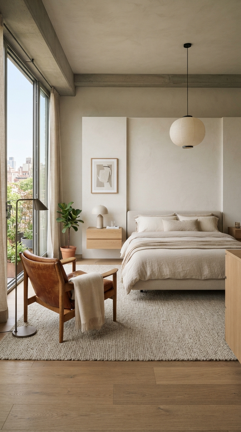 Modern minimalist bedroom with subtle Western leather accents