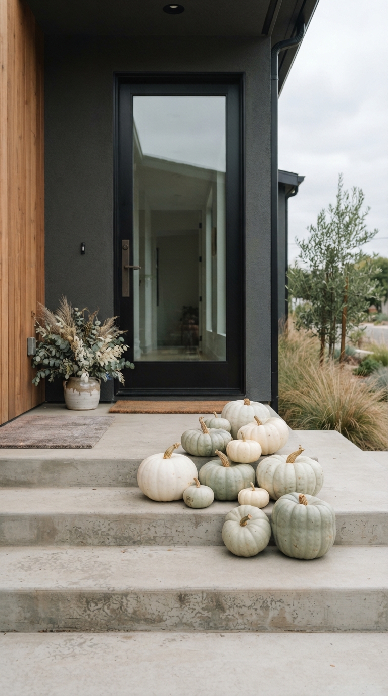 White, cream, and sage green pumpkins clustered for modern fall porch decor