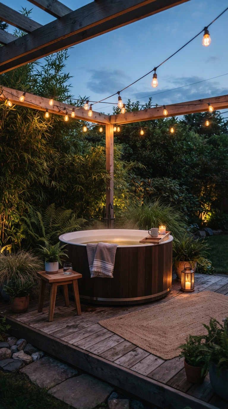 Modern outdoor backyard tub decor with string lighting