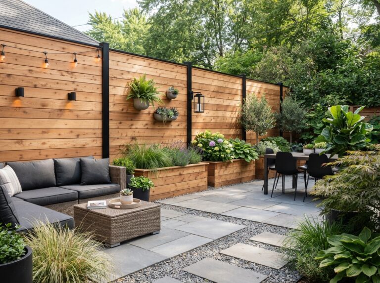 Modern backyard with a stylish horizontal wood fence, contemporary landscaping, and elegant outdoor living inspiration