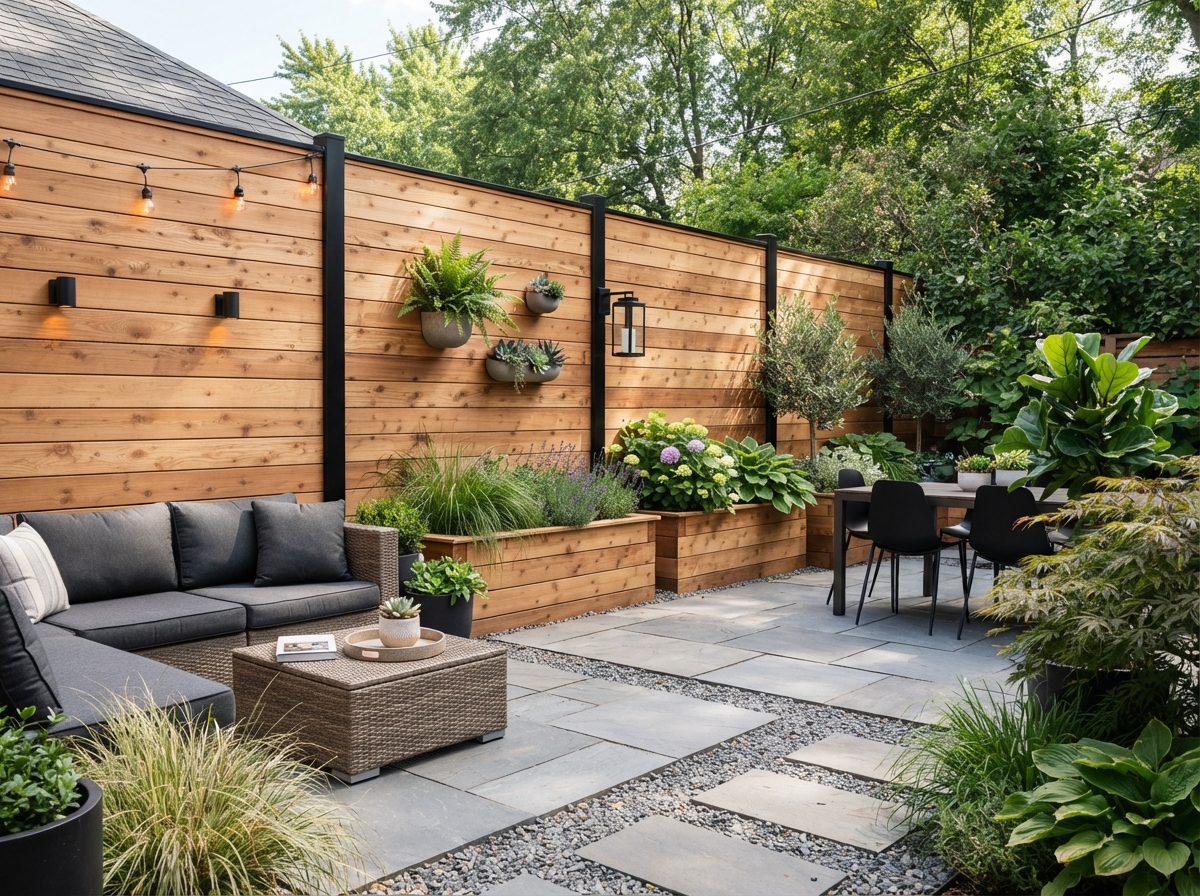 Modern backyard with a stylish horizontal wood fence, contemporary landscaping, and elegant outdoor living inspiration