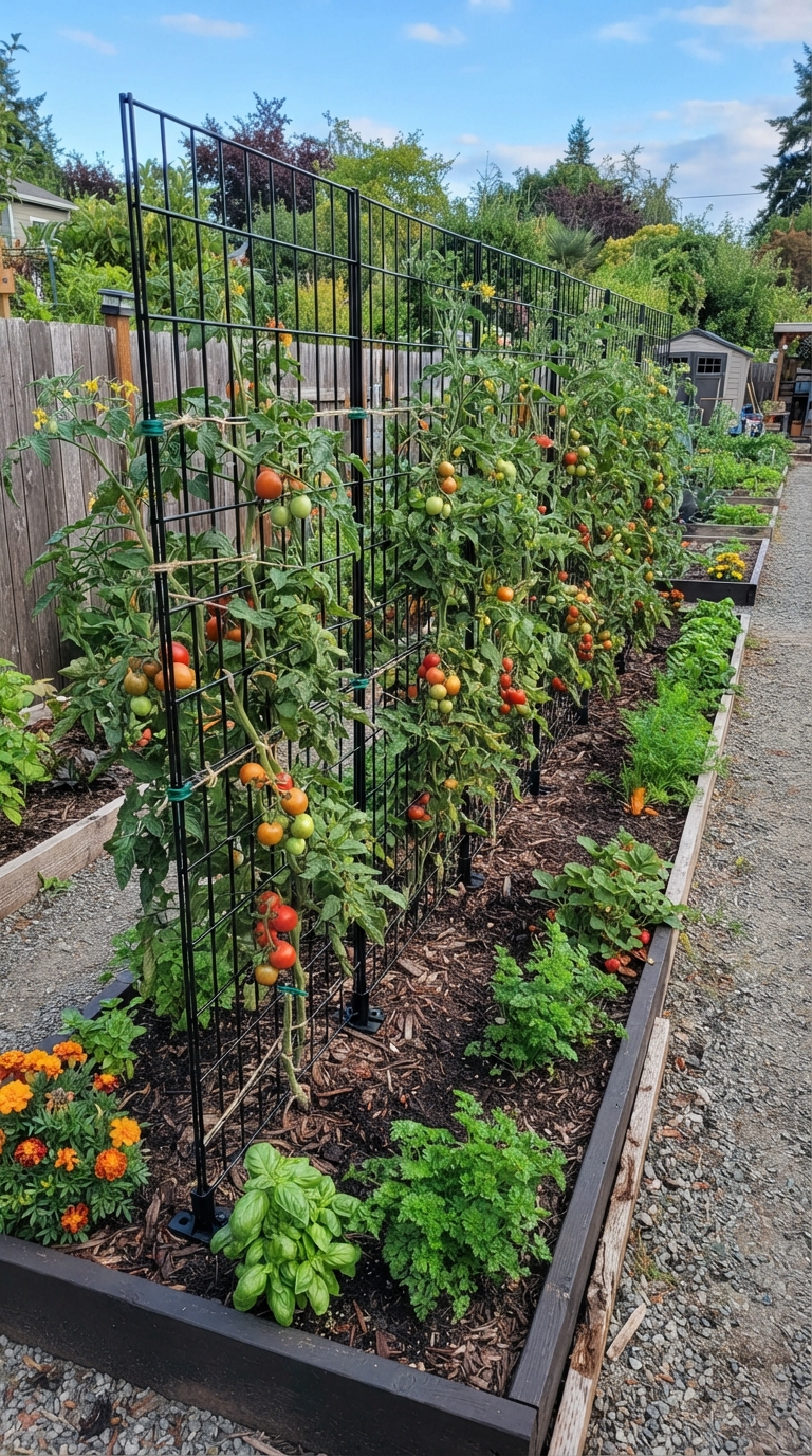 Modular stackable panel trellis supporting a row of tomato plants