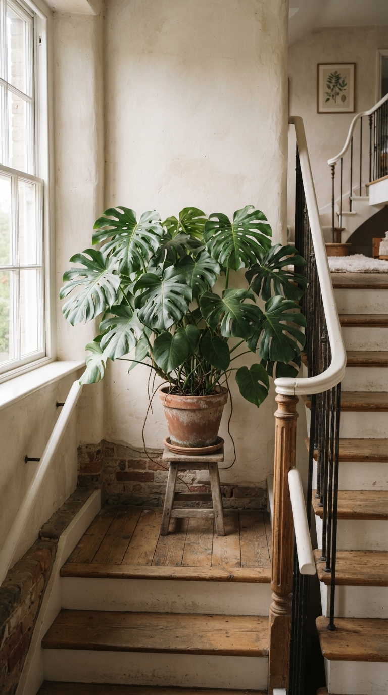 Monstera plant styled as a focal point on a staircase landing