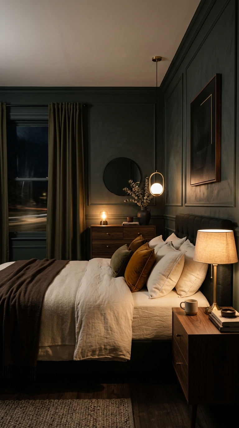 Moody bedroom with warm accent lighting against dark painted walls