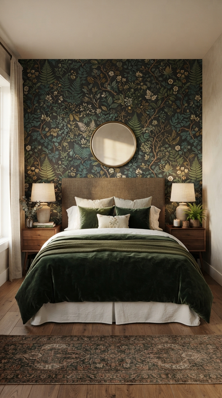 Moody botanical wallpaper accent wall behind a bed in a fall-inspired bedroom.