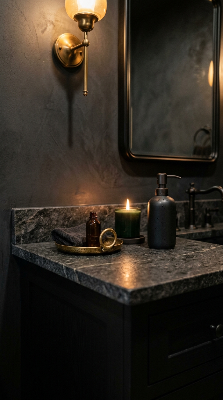 Moody dark bathroom counter with brass accents