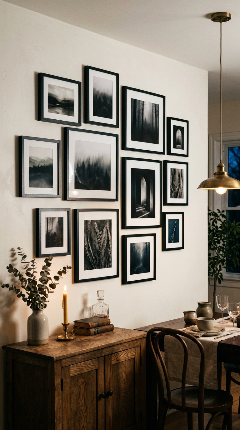 Moody gallery wall with black frames against a light wall