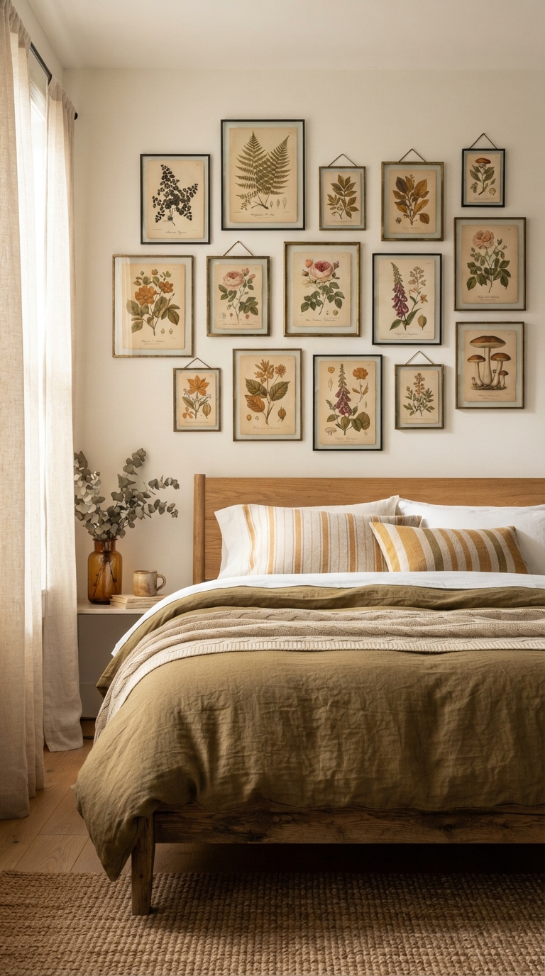 Moody gallery wall of vintage botanical art in a fall-themed bedroom
