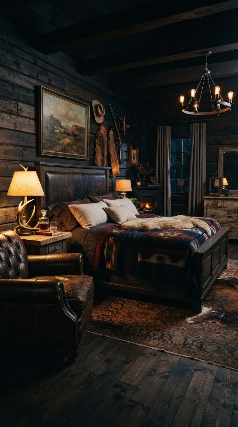 Moody Western gothic bedroom with dark walls and leather accents
