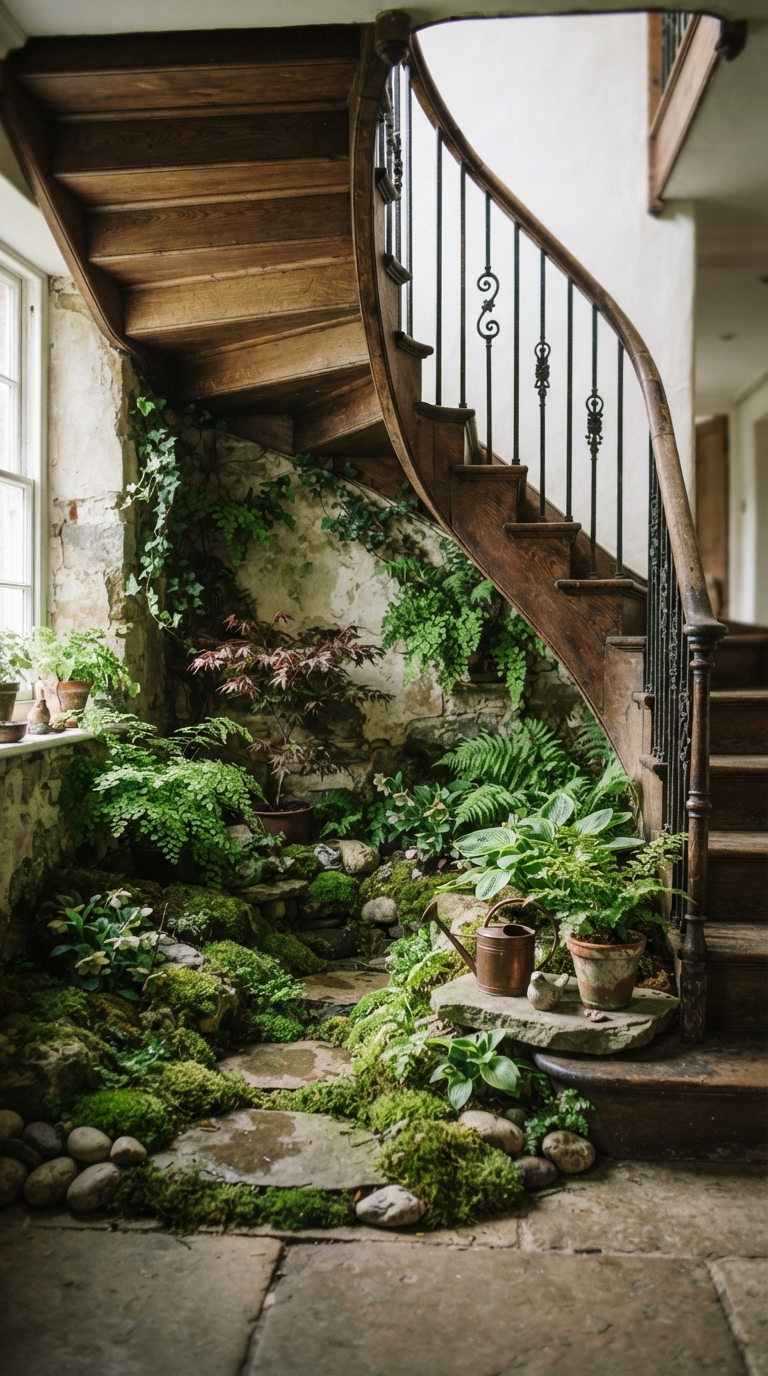 Moss and stone minimalist garden styled under a staircase