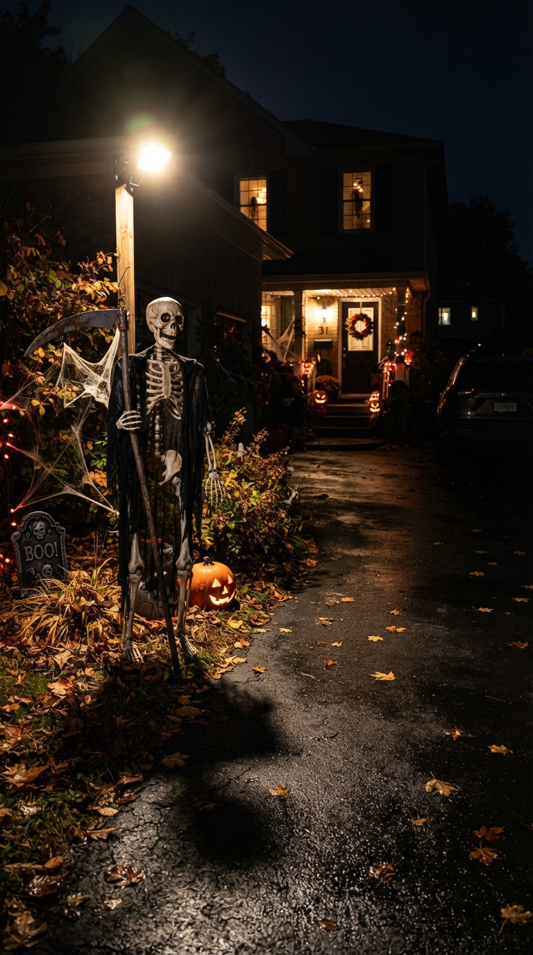 Motion-activated spotlight illuminating a Halloween prop on a driveway