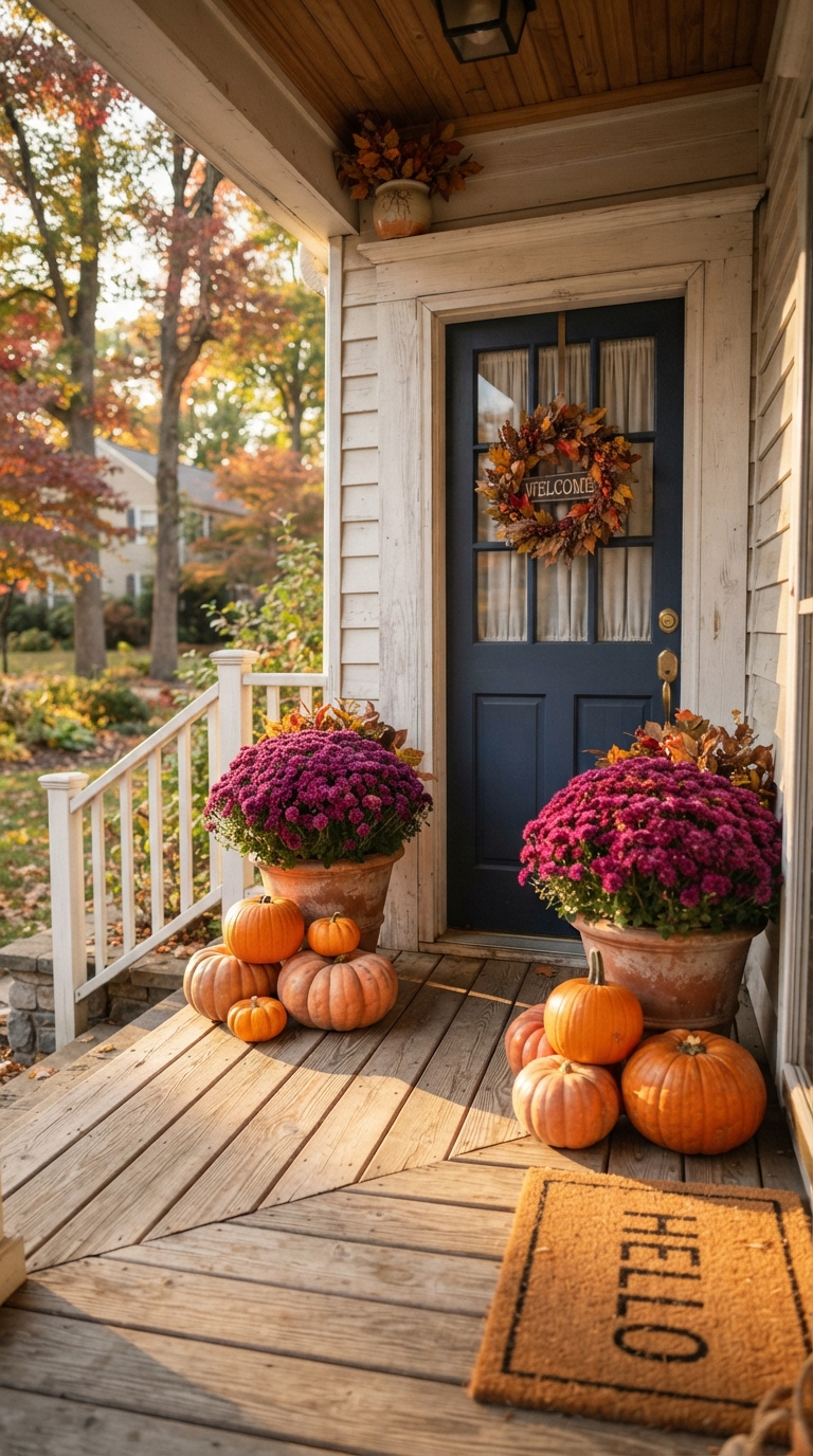 Front porch decorated with purple mums and staggered orange pumpkins beside a navy front door