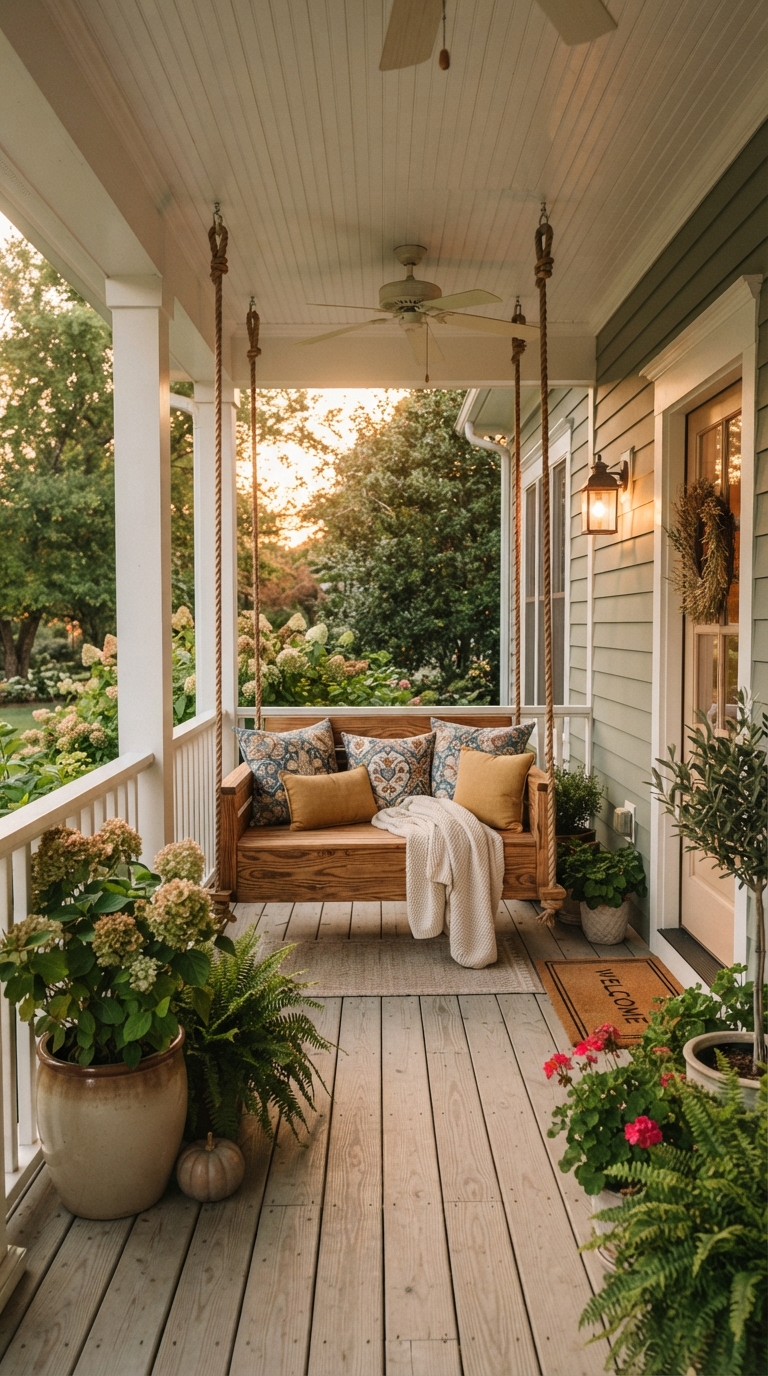 Natural wood finish porch swing idea for a rustic front porch