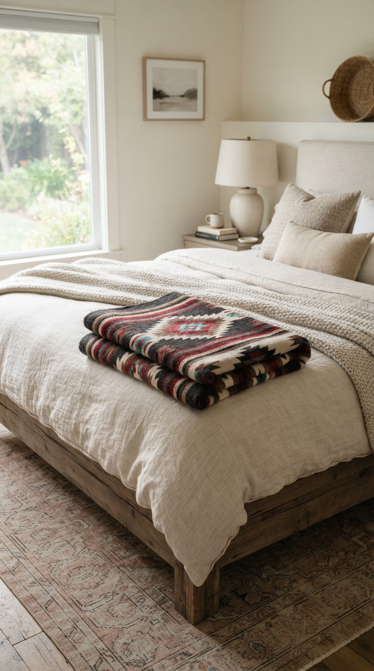 Navajo-pattern textile blanket in a Western-style bedroom.