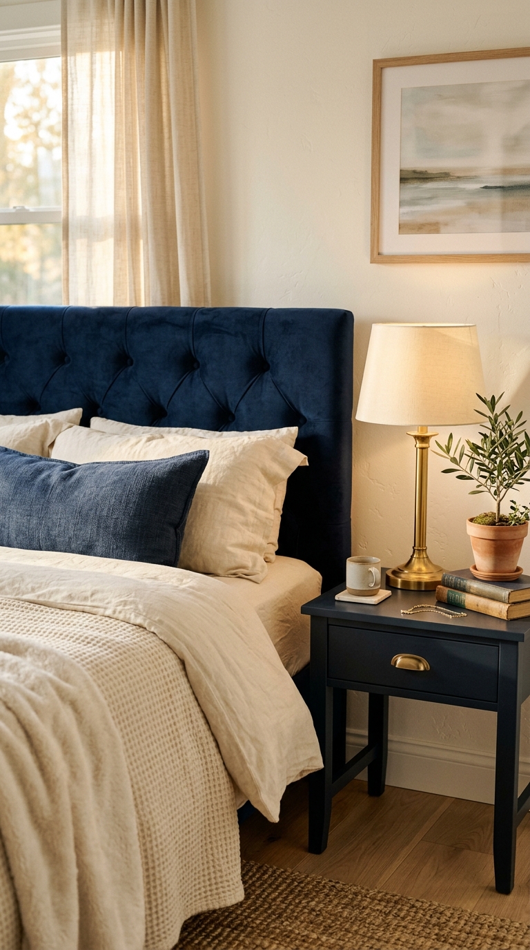 Navy accents in a bright coastal bedroom