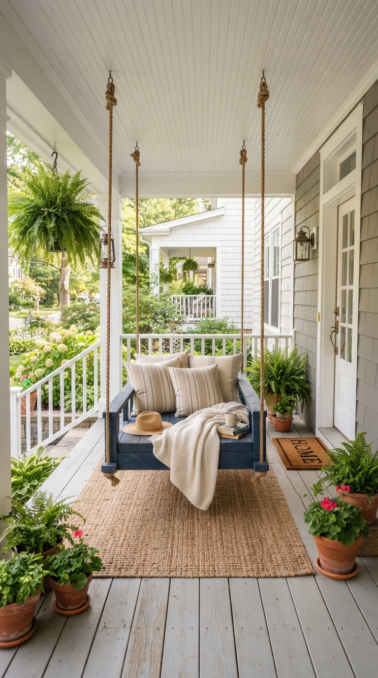 Navy blue porch swing color idea for a coastal front porch