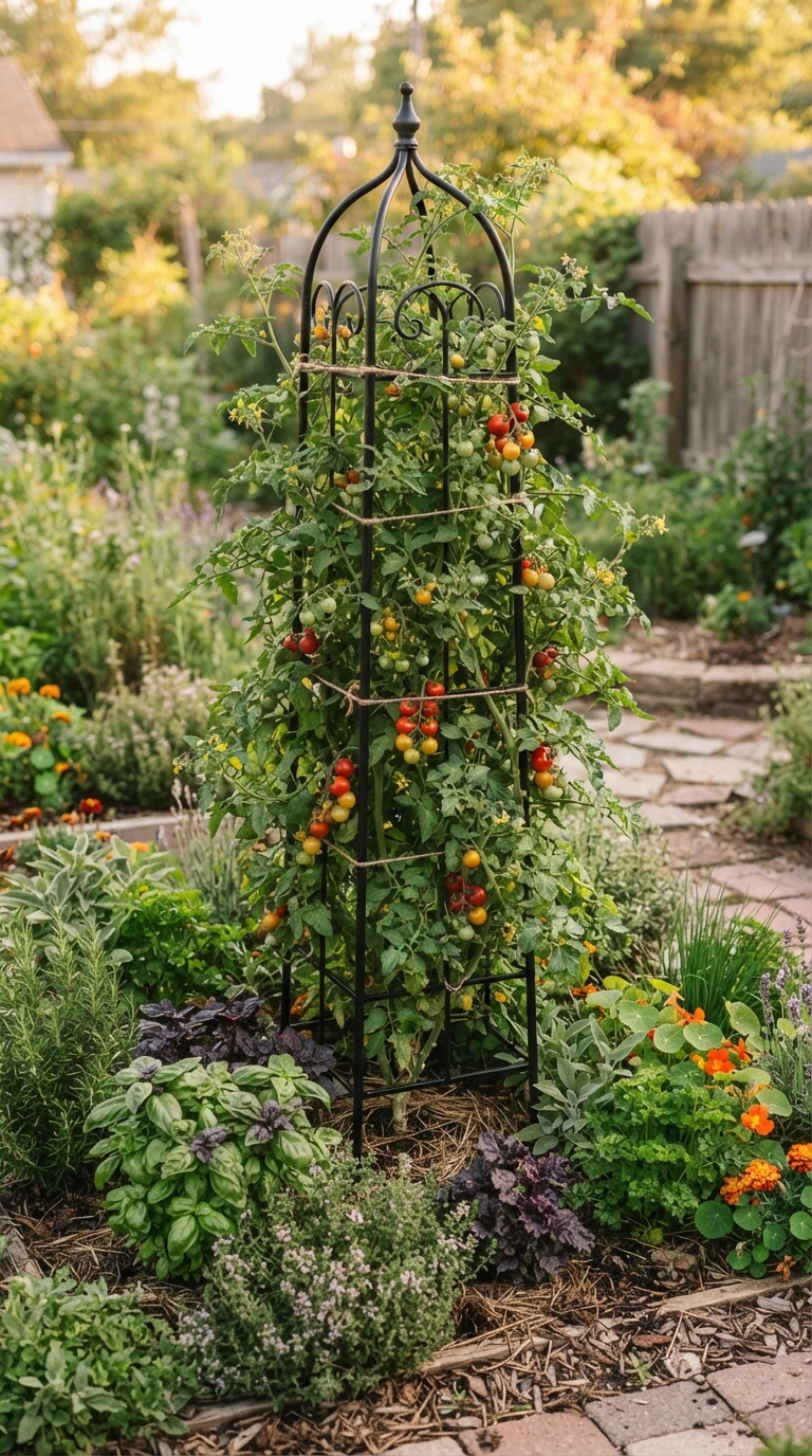 Metal obelisk trellis supporting tomato plants in a garden bed