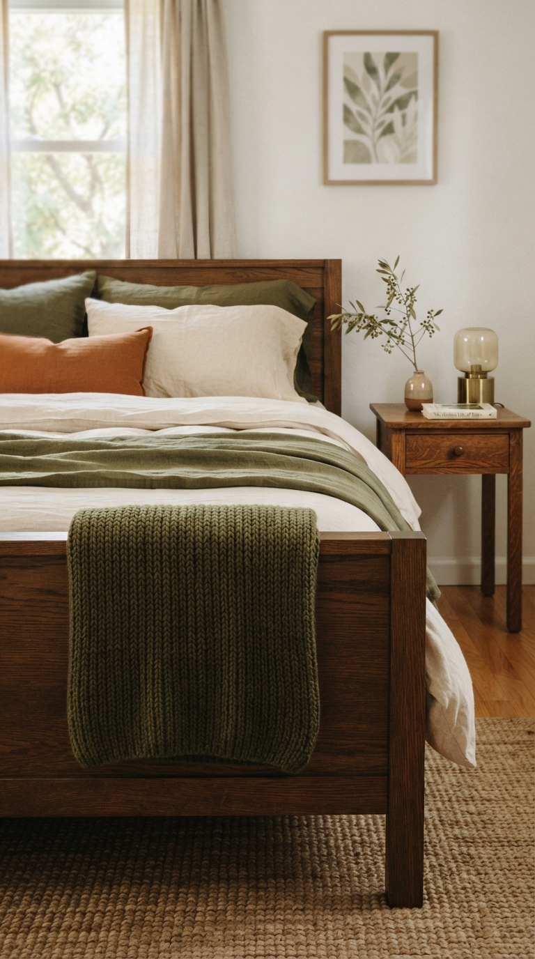 Olive green bedding accent in a fall bedroom
